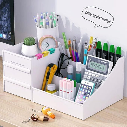 Makeup Desk Organizer with Drawers, Countertop Organizer for Cosmetics, Vanity Holder for Lipstick, Brushes, Lotions, Eyeshadow, Nail Polish and Jewelry (White)