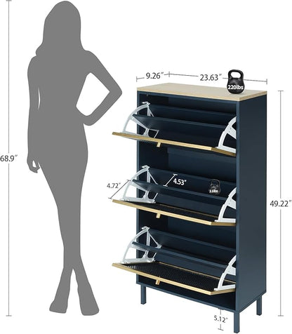 Shoe Storage Cabinet for Entryway - Shoe Cabinet Organizer with Metal Rattan 3 Flip Drawer,Wood Free Standing Rack, Hidden Slim Shoe Cabinet for Hallway, Living Room, Bathroom (Blue)