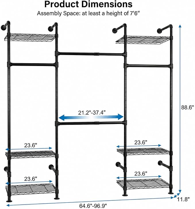 Wall Mounted Closet System – Adjustable Clothing Rack with 4 Expandable Rods & 6 Shelves, Heavy Duty Industrial Pipe Clothes Rack for Closet Organizer and Storage, Black