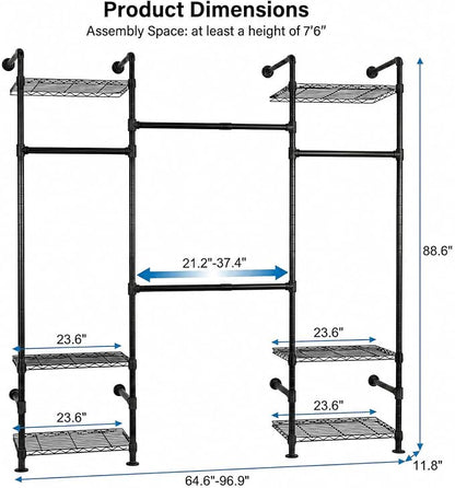 Wall Mounted Closet System – Adjustable Clothing Rack with 4 Expandable Rods & 6 Shelves, Heavy Duty Industrial Pipe Clothes Rack for Closet Organizer and Storage, Black