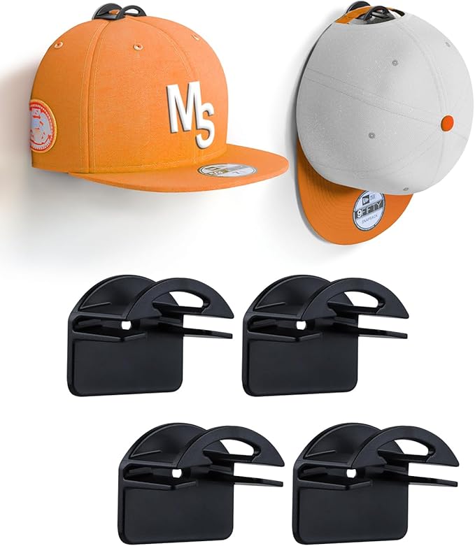 Adhesive Hat Hooks for Wall, Baseball Caps Strong Holdr, Ball Cap Hanger Wall Mount, Hat Display Rack, Hat Organizer Accessories, Black 4-Pack
