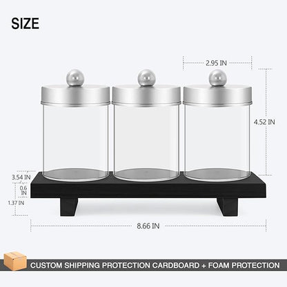 3 Pcs Qtip Holder,Clear Apothecary Jars with Wooden Tray for Cotton Balls,Swabs,Farmhouse Decor Bathroom Vanity Organizers Accessories for Makeup Brushes,Lipstick Storage (Silver)