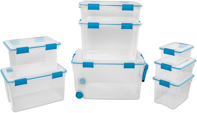 Sterilite 7.5 Qt Gasket Box, Stackable Storage Bin with Latching Lid and Tight Seal, Plastic Container to Organize Basement, Clear Base, Lid, 1-Pack