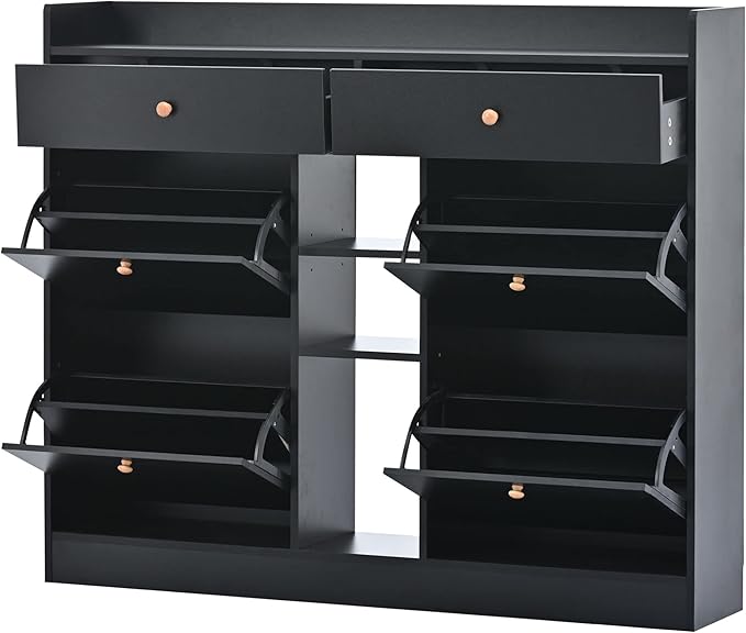 JIVOIT 2-Tier Shoe Storage Organizer, Modern Wooden Shoe Cabinet with 4 Flip Drawers, Multifunctional Free Standing Shoe Rack for Entrance Hallway Small Spaces (Black+4 Flip Drawers)