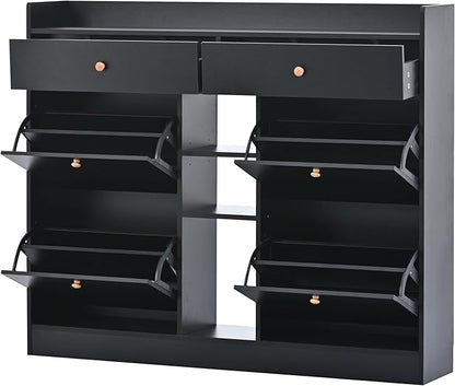 JIVOIT 2-Tier Shoe Storage Organizer, Modern Wooden Shoe Cabinet with 4 Flip Drawers, Multifunctional Free Standing Shoe Rack for Entrance Hallway Small Spaces (Black+4 Flip Drawers)