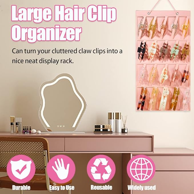 Premium Felt Hanging Claw Clip Organizer - Large Capacity for Girls & Women Hair Clips - Bows Display Stand for Wall, Door or Closet (Pink)