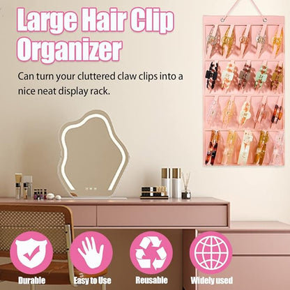 Premium Felt Hanging Claw Clip Organizer - Large Capacity for Girls & Women Hair Clips - Bows Display Stand for Wall, Door or Closet (Pink)