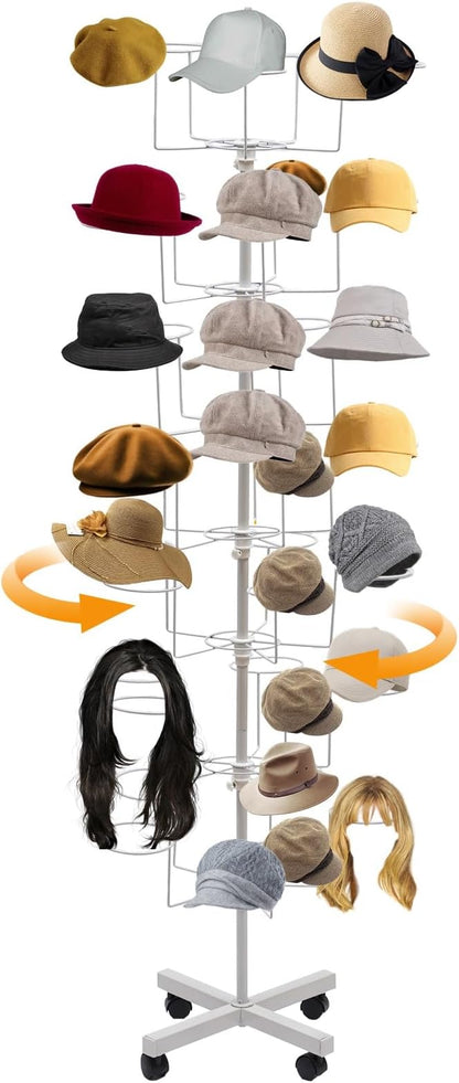 7-Tier Rotating Hat Display Stand, 35 Hooks Metal Freestanding Retail Display Stand Commercial Large Headwear Wig Rack Metal Floor Rack for Hats and Wigs (White)
