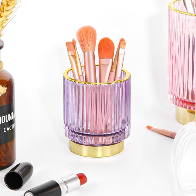 Vintage Makeup Brush Holder Organizer,Dresser Glass Brushes Holder,Vanity Cosmetic Brush Holder,Desktop Crystal Eyeliners Eyebrow Pencil Storage Cup Holder for Countertop (Small Purple)