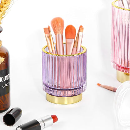 Vintage Makeup Brush Holder Organizer,Dresser Glass Brushes Holder,Vanity Cosmetic Brush Holder,Desktop Crystal Eyeliners Eyebrow Pencil Storage Cup Holder for Countertop (Small Purple)