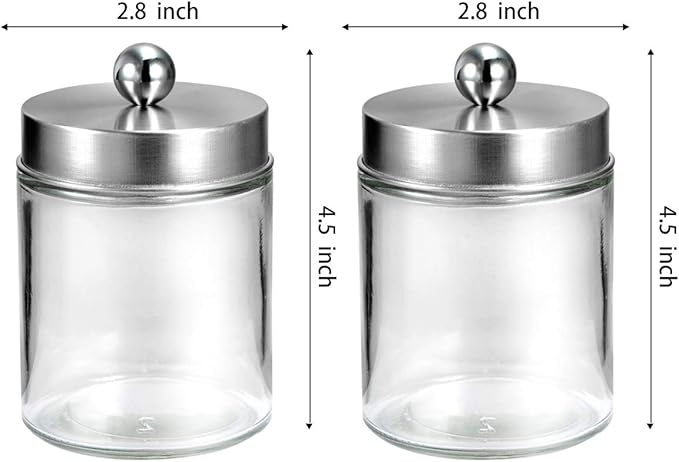 Amolliar Apothecary Jars Bathroom Vanity Organizer -Countertop Canister Jar with Storage Lid - Qtip Dispenser Holder Glass for Qtips,Cotton Swabs,Makeup Sponges,Hair Band - Brushed Nickel (2 Pack)