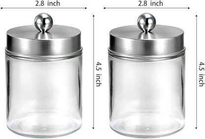 Amolliar Apothecary Jars Bathroom Vanity Organizer -Countertop Canister Jar with Storage Lid - Qtip Dispenser Holder Glass for Qtips,Cotton Swabs,Makeup Sponges,Hair Band - Brushed Nickel (2 Pack)
