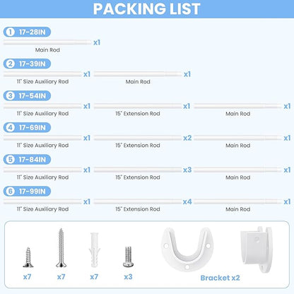 Closet Rods for Hanging Clothes, 17 to 99 Inch Heavy Duty Stepless Adjustable Closet Hanging Rod, 1.3 Inch Diameter Metal Closet Rod for Wardrobes Laundry Bedroom RV, White