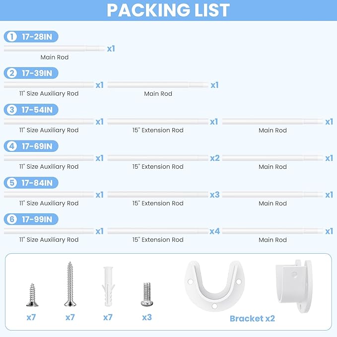 2 Pack Closet Rods for Hanging Clothes, 17 to 84 Inch Heavy Duty Stepless Adjustable Closet Hanging Rod, 1.3 Inch Diameter Metal Closet Rod for Wardrobes Laundry Bedroom RV, White