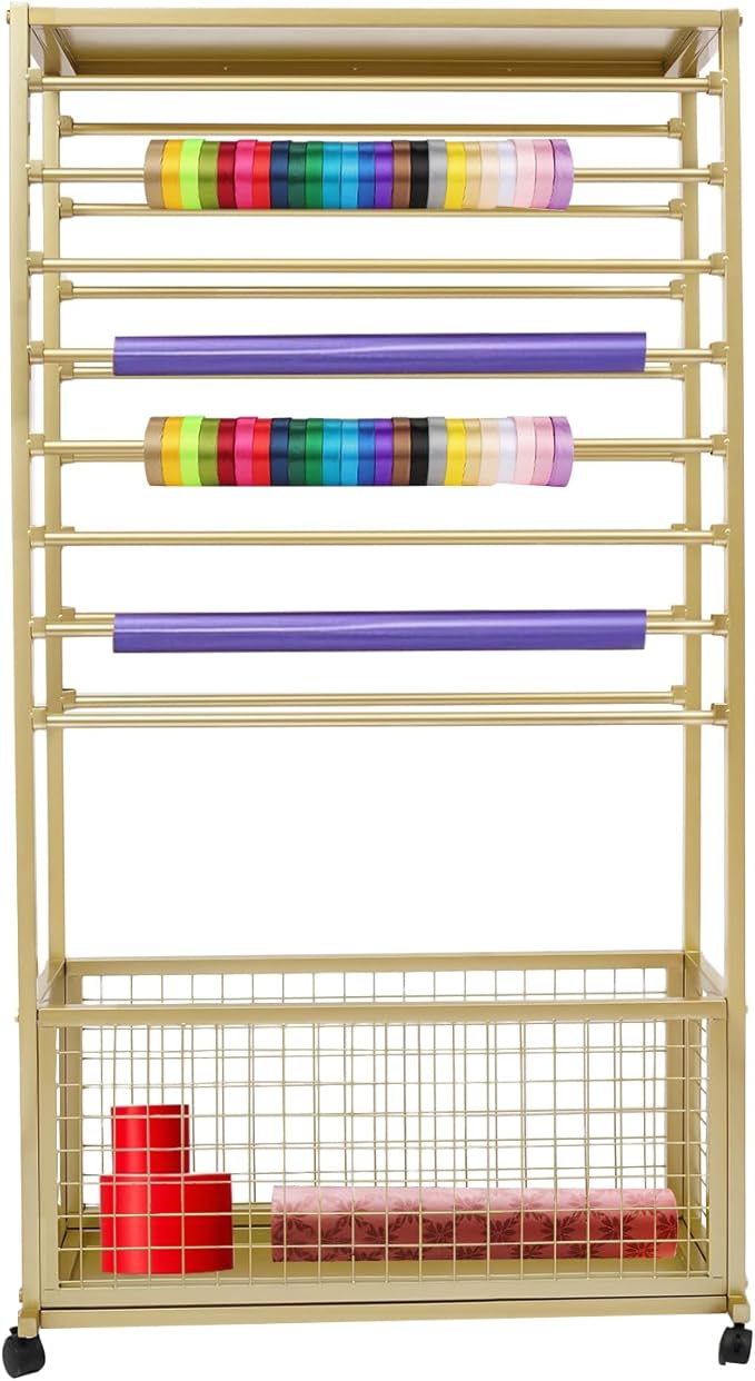 16-Tier Double-Sided Ribbon Holder Organizer Rack with Storage Basket & Wheels, Multifunctional Flower Wrapping Paper Display Stand for Craft Rooms, Flower Shops (Gold, 31.5''W x 12.6''D x 59.06''H)