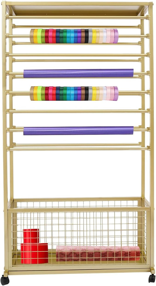 16-Tier Double-Sided Ribbon Holder Organizer Rack with Storage Basket & Wheels, Multifunctional Flower Wrapping Paper Display Stand for Craft Rooms, Flower Shops (Gold, 31.5''W x 12.6''D x 59.06''H)