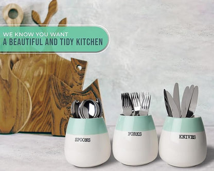 Comfify Ceramic Honeypot Cutlery Holder – Set of 3 – Sage Green and White Farmhouse Silverware Caddy for Kitchen Countertop – Spoon, Fork & Knife Organizer for Parties – Rustic Ceramic