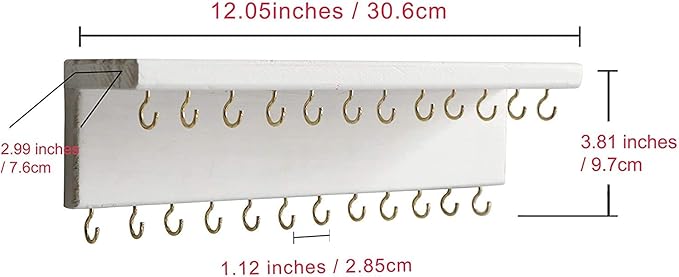 SANY DAYO HOME Jewelry Organizer with 24 Hooks and Cosmetics Shelf, 12 x 3 x 4 inches Wall Mounted Rustic Pine Wood Holder for Necklaces and Bracelets, Suitable for Kids and Adults (Retro White)