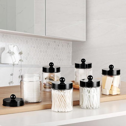Amolliar Apothecary Jars Bathroom Vanity Storage Organizer Set -Countertop Canister Plastic Acrylic Jar - Farmhouse Decor Qtip Holder for Cotton Swabs,Makeup Sponges,Flossers,Paper Clips-Black (6)