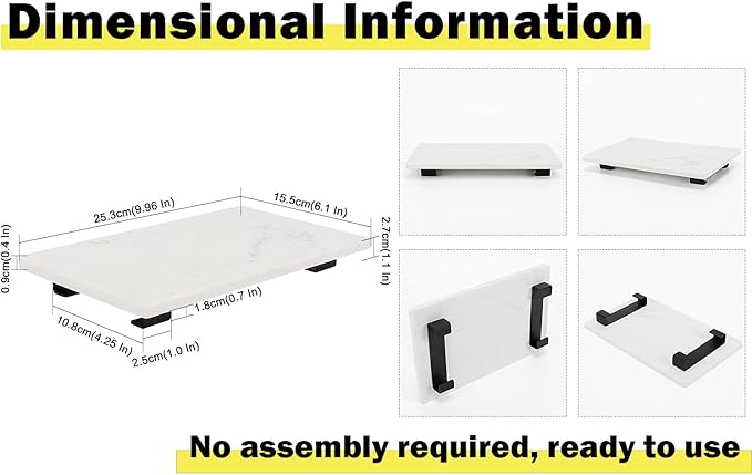 Bathroom Vanity Tray and White Marble Kitchen Soap Tray, Luxurious Small Accessory for Table/Countertop (Black-Rectangle, 10" x 6" x 1")