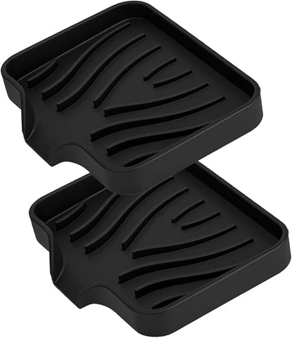 2 Pack Silicone Soap Dish with Drain, Self Draining Bar Soap Holder for Shower, Silicone Dish Soap Tray, Bathroom and Kitchen Sink Organizer, Black