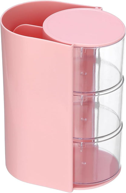 Hair Accessories Organizer with Hair Brush Holder Spinning Cosmetic Storage Case for Makeup Sponge Plastic Desktop Organizer, 3-Layer Pink