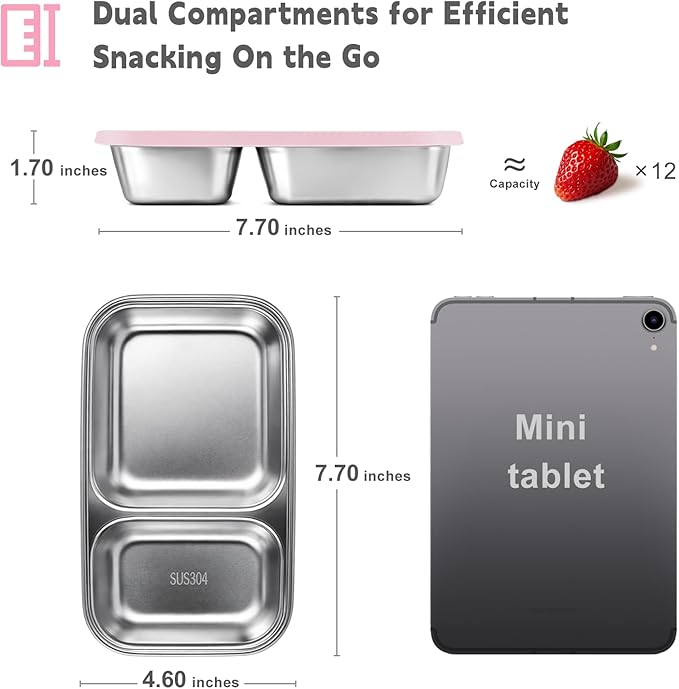 3 Pack Stainless Steel Snack Containers with Silicone Lids, 2-Compartment Snack Containers for Lunch, Office, Travel & Camping (Muted Lilac, Blush Pink, Dusty Rose)