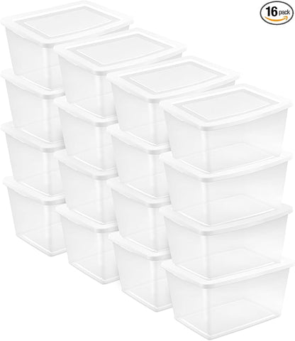 Sterilite 16 Pack Storage Box, 58 Quart Stackable Tote, Clear Plastic Container with Secure Snapping Lids for Home and Office Organization, White