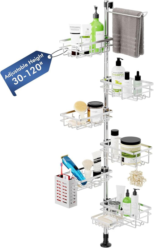 Vatex Shower Caddy Corner Tension Pole, Stainless Steel Rustproof 6 Shelves Bathroom Organizer with Towel Bar & Toothbrush Holder, Adjustable Shower Shelf for Renters - Family Stand Storage Rack