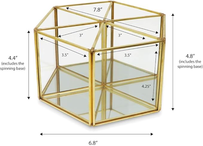 Isaac Jacobs 6-Compartment Rotating Makeup Brush Holder, 360 Degree Acrylic Carousel, Vintage Style Brass and Glass Organizer, Storage Solution with Mirror Base for Makeup, Kitchen, Crafts, & More