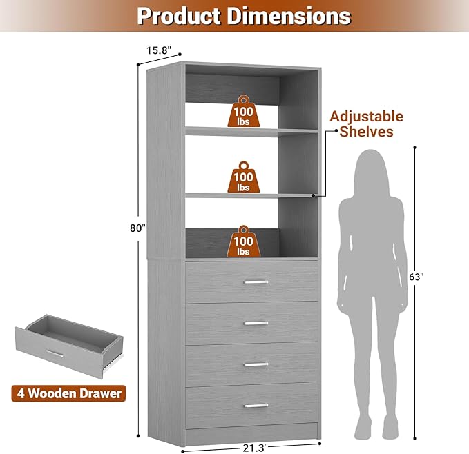 Aheaplus Closet Drawers System, 21.3" Wood Closet Organizer System with 4 Drawers, Modular Walk-in Closets System Storage Unit, Small Closets Wardrobe Rack, Tall Storage Cabinet Unit, Grey1