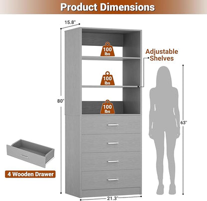 Aheaplus Closet Drawers System, 21.3" Wood Closet Organizer System with 4 Drawers, Modular Walk-in Closets System Storage Unit, Small Closets Wardrobe Rack, Tall Storage Cabinet Unit, Grey1