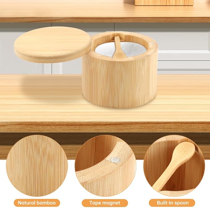 Magnetic Rotating Lid Bamboo Spice Jar with Built in Spoon, 6oz Salt Cellar Small Sal-t Box, Kitchen Salt Pepper Shaker, Easy-Pour Spice Dispenser for Sugar, Herbs, Seasonings(COLOR:Wood)