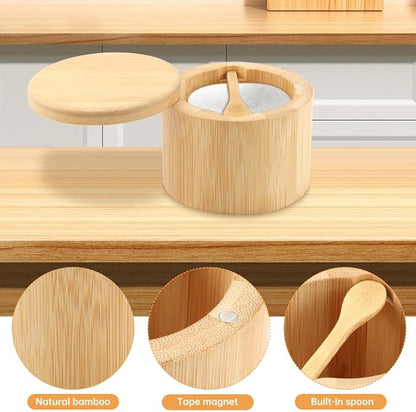 Magnetic Rotating Lid Bamboo Spice Jar with Built in Spoon, 6oz Salt Cellar Small Sal-t Box, Kitchen Salt Pepper Shaker, Easy-Pour Spice Dispenser for Sugar, Herbs, Seasonings(COLOR:Wood)