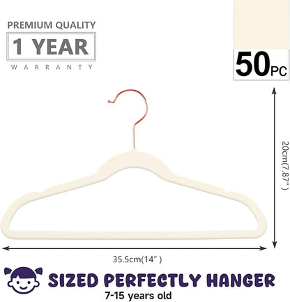 MIZGI Kids Velvet Hangers,Non-Slip Big Kids Hangers,14 Inch Hangers for Youth,Teen Clothes,Pack of 50（Ivory/Rosegold）