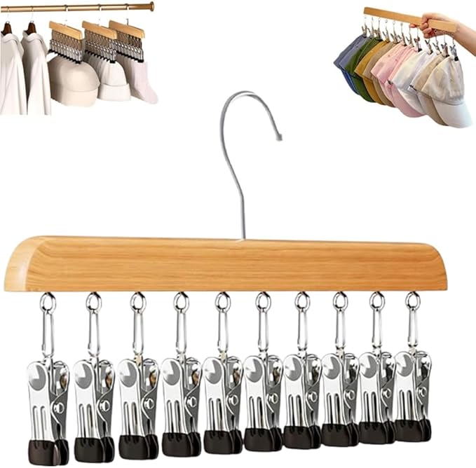 Closet Organizer with 10 Clips, Space Saving Hanging Closet Organizers Adjustable Wooden Legging Organizer for Closet, Stainless Steel Pants Hanger with Clips for Women Men (Wood, 1pcs)