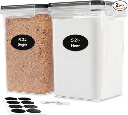 DWËLLZA KITCHEN Large Flour Sugar Storage Containers Set of 2; 175 FL. oz - 5.2L Plastic Airtight Food Storage Containers with Lids for Kitchen Pantry Organization - Food Containers, Labels & Marker