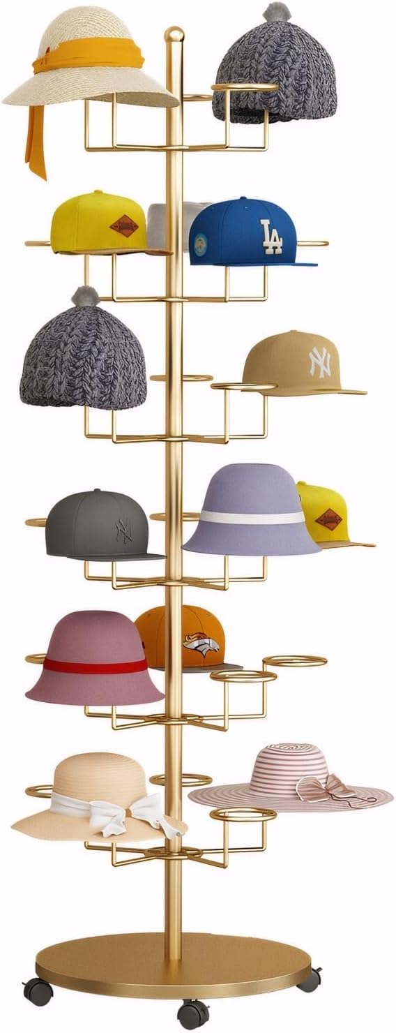 6 Tier Hat Rack with 30 Hooks, Freestanding Hat Rack Stand, Metal Hat Organizer Rack, Rolling Retail Hat Display Rack for Home/Store(Gold,6 Tier)
