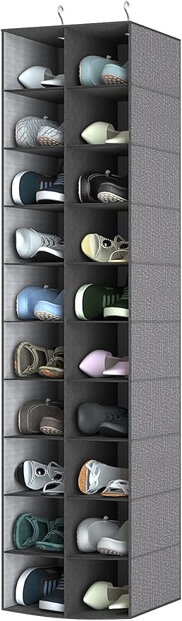 Hanging Shoe Organizer for Closet, 20 Sections Hanging Closet Organizer and Storage Shelves, Space Saving Shoe Rack for Closet, Grey, 12''W×12''Dx 50''H