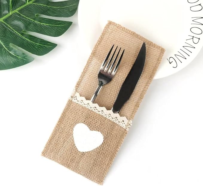 50PCS Burlap Lace Cutlery Pouch Wedding Tableware Party Decoration Holder Bag Hessian Rustic Party Supplies Decor