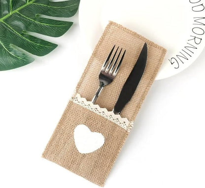 50PCS Burlap Lace Cutlery Pouch Wedding Tableware Party Decoration Holder Bag Hessian Rustic Party Supplies Decor