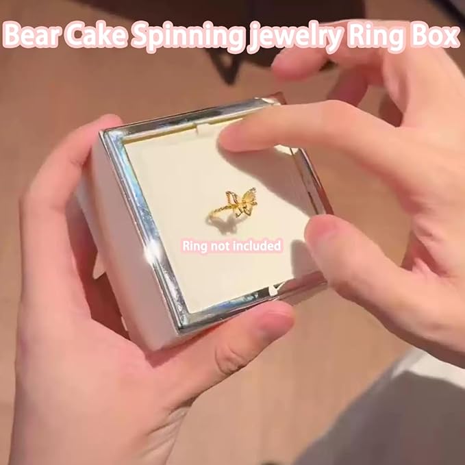Little Bear Cake Rotating JewelryBox for Proposal - Rotating Ring Box Engagement Ring Box, Surprise Box Ring Bearer Box, necklace box for Birthday,Necklace Holder with Fabric Interior (white)