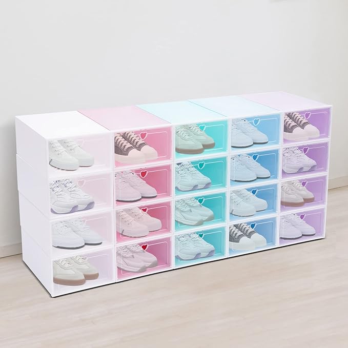20 PCS Shoe Storage Boxes,Clear Plastic Colorful Shoebox Stackable Shoe Organizer Foldable Display Box Container Closet Shelf Display Case Ventilation