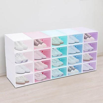 20 PCS Shoe Storage Boxes,Clear Plastic Colorful Shoebox Stackable Shoe Organizer Foldable Display Box Container Closet Shelf Display Case Ventilation