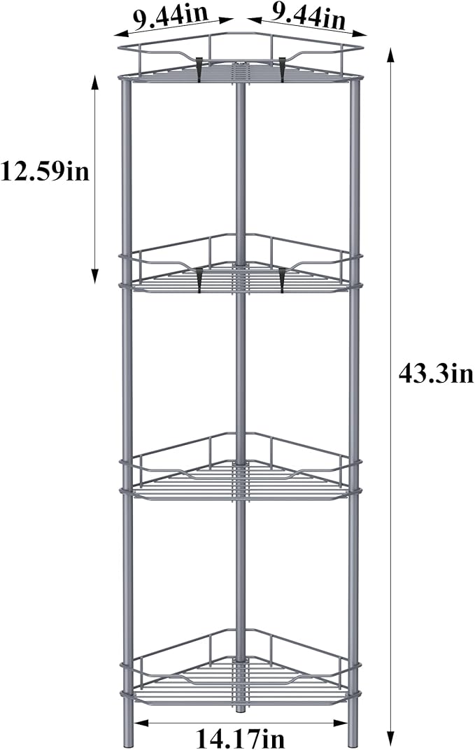 HuggieGems 4 Tier Floor Standing Corner Shower Caddy Organizer Shelf with Hooks, Bathroom Shelves Stand Rack, Dark Gray
