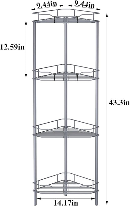 HuggieGems 4 Tier Floor Standing Corner Shower Caddy Organizer Shelf with Hooks, Bathroom Shelves Stand Rack, Dark Gray