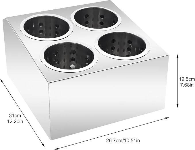 Commercial 4-Hole Flatware Cylinder Holder with Cups, 4-Compartment Stainless Steel Cylinder Flatware Silverware Caddy Utensil Holder Organizer Canddy Countertop for Restaurant Kitchen