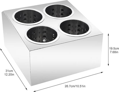 Commercial 4-Hole Flatware Cylinder Holder with Cups, 4-Compartment Stainless Steel Cylinder Flatware Silverware Caddy Utensil Holder Organizer Canddy Countertop for Restaurant Kitchen