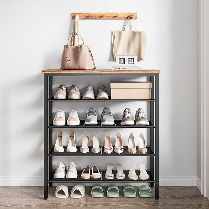 Shoe Rack, 5-Tier Shoe Storage Organizer with 4 Metal Mesh Shelves for 15-20 Pairs, Free Standing Shoe Racks, for Entryway, Hallway, Closet, Dorm Room, Industrial, Rustic Brown