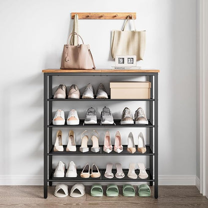 Shoe Rack, 5-Tier Shoe Storage Organizer with 4 Metal Mesh Shelves for 15-20 Pairs, Free Standing Shoe Racks, for Entryway, Hallway, Closet, Dorm Room, Industrial, Rustic Brown